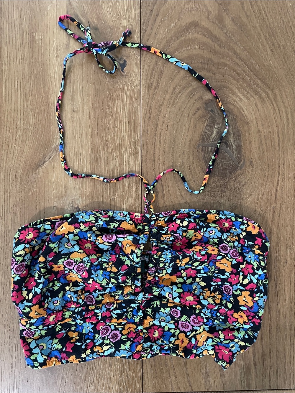wild fable Black Multi Floral Strapless Crop Top with Removable Halter